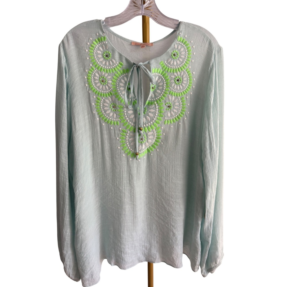 NWT Gibson Latimer Blouse Womens XL Blue Rayon Boho Embroidered Festival Beach